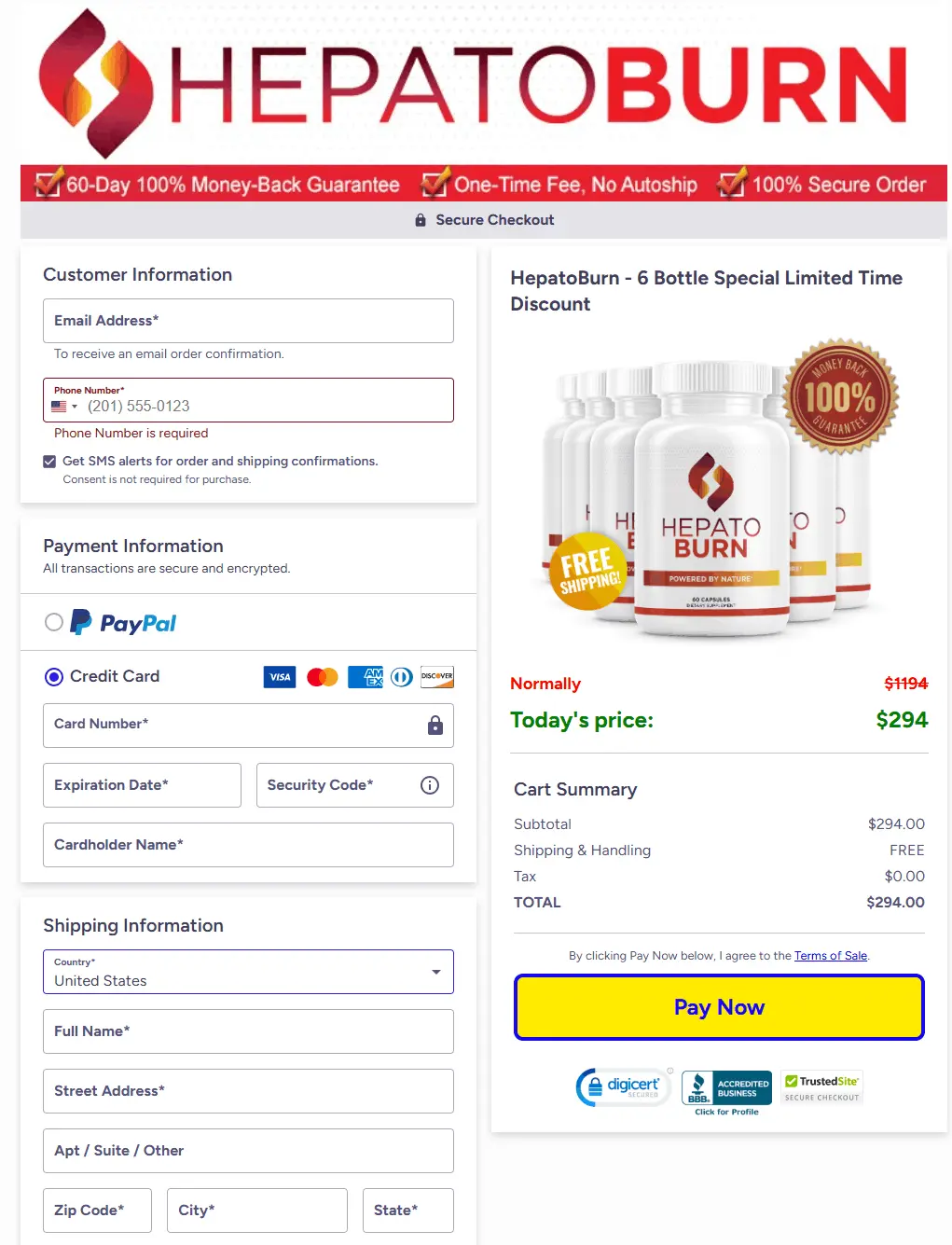 Secure checkout page for HepatoBurn with multiple payment options